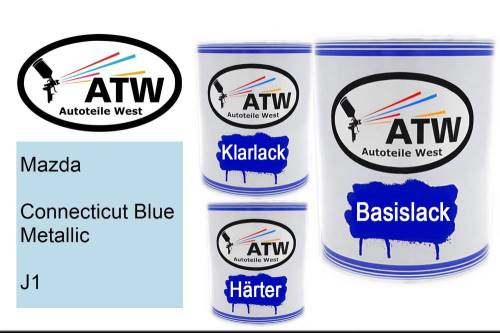 Mazda, Connecticut Blue Metallic, J1: 1L Lackdose + 1L Klarlack + 500ml Härter - Set, von ATW Autoteile West.